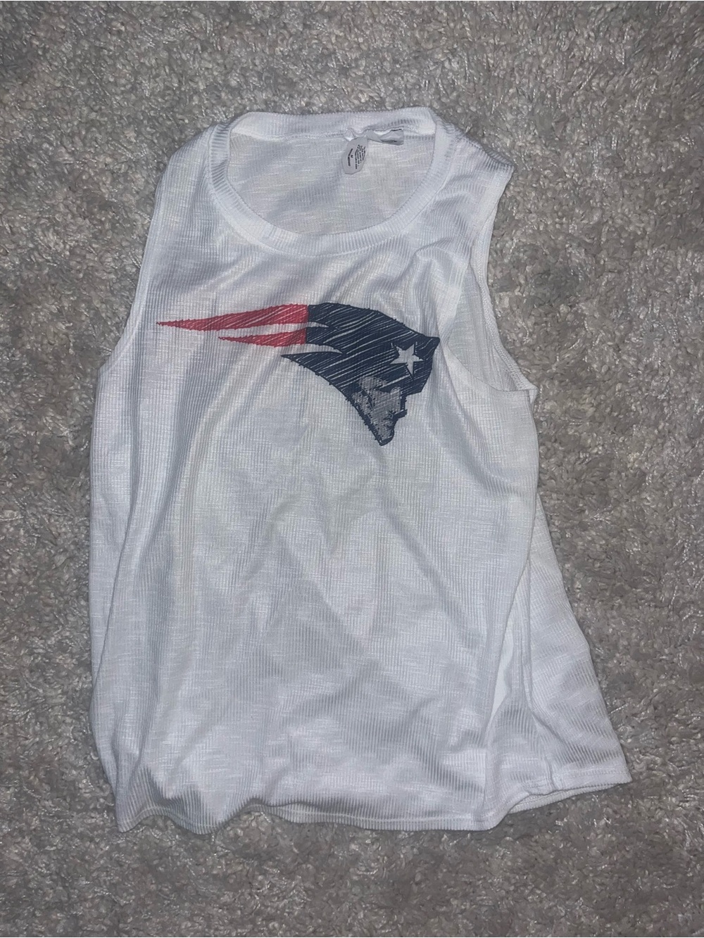 White Sleeveless Graphic Tank Top with NE Patriots Logo